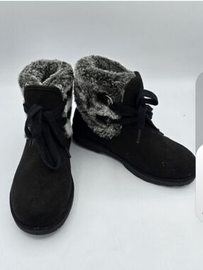 Faux-Suede Black Ankle Booties with Gray Faux-Fur Cuff